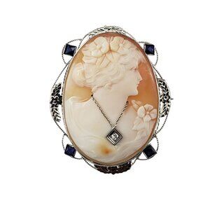 14K White Gold and Diamond Cameo Brooch/Pendant #22811